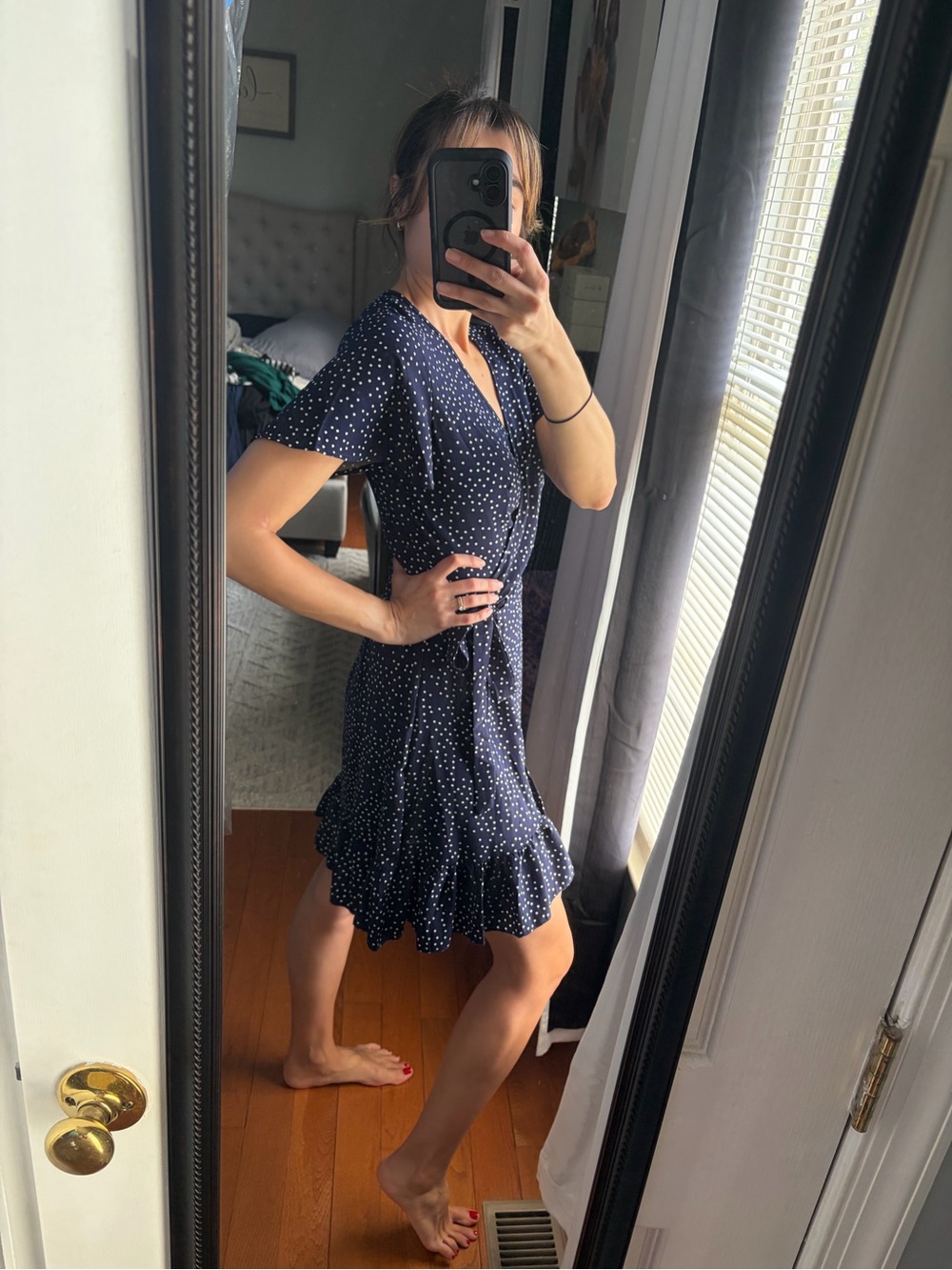 Women's Navy Polka Dot Wrap Dress
